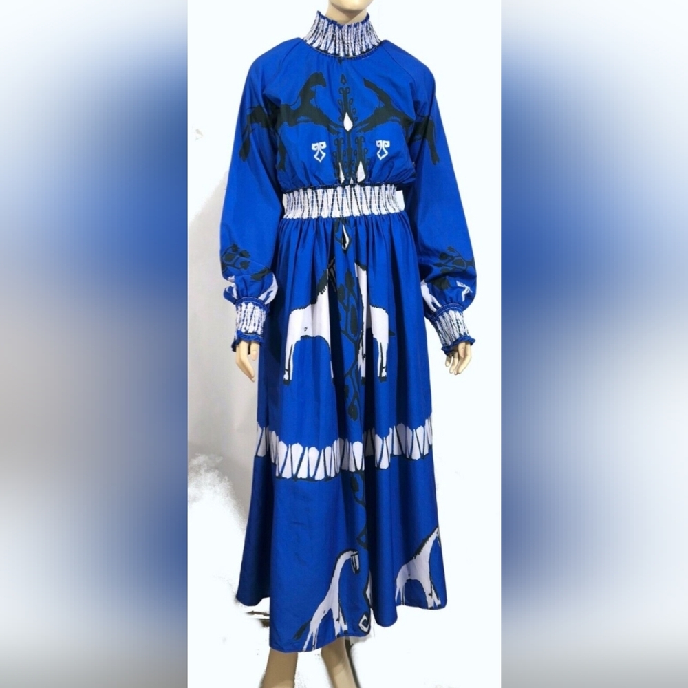 Blue Long-Sleeve Printed Maxi Dress